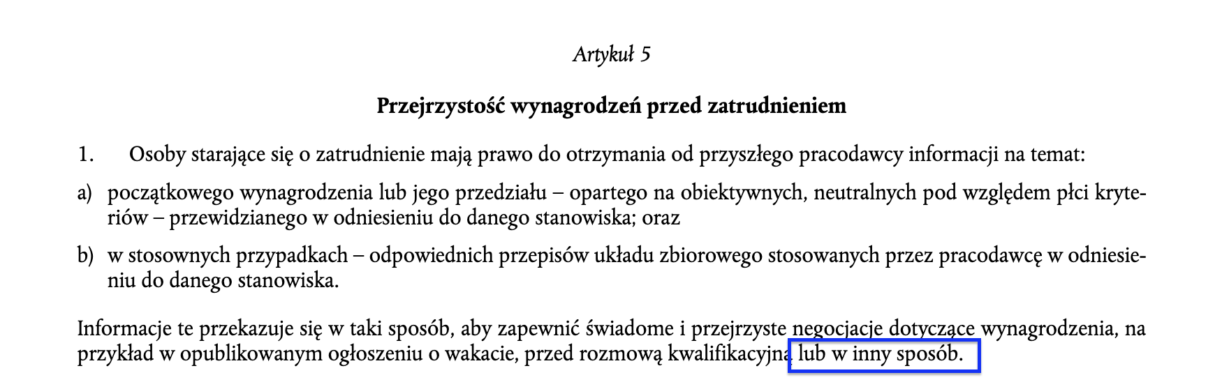 Dyrektywa unijna o transparentności wynagrodzeń, artykuł 5